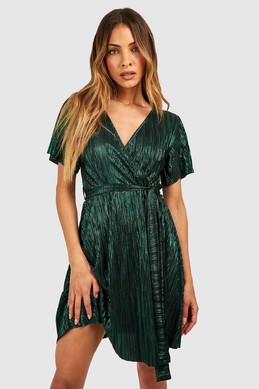 Emerald Metallic Plisse Tie Waist Mini Dress