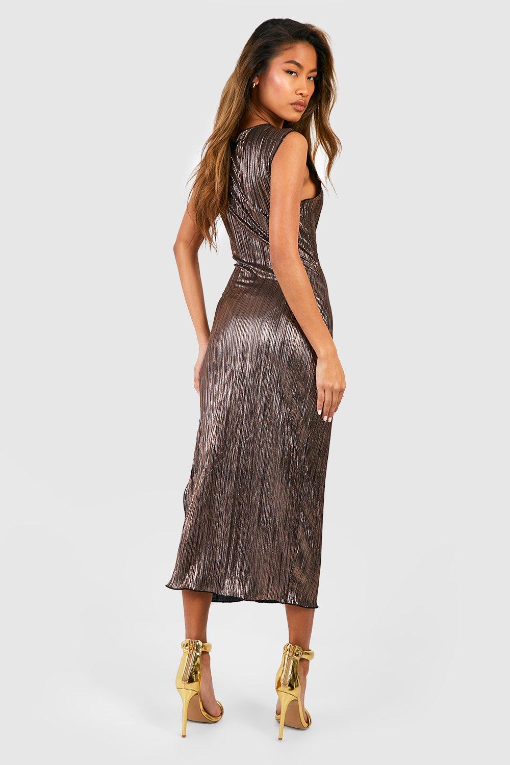 Metallic Plisse Midi Dress