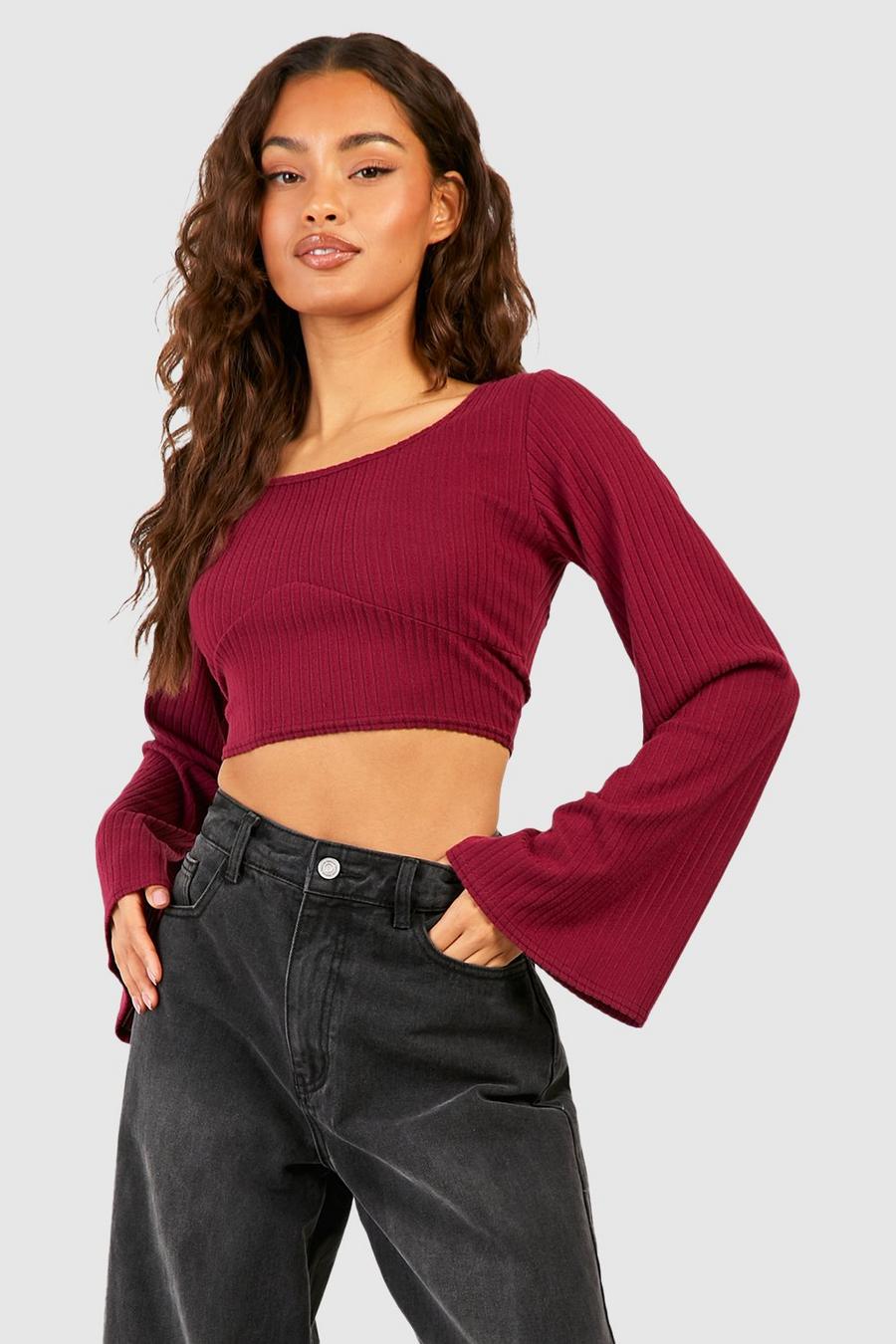 Berry Flare Sleeve Rib Knit Crop Top image number 1