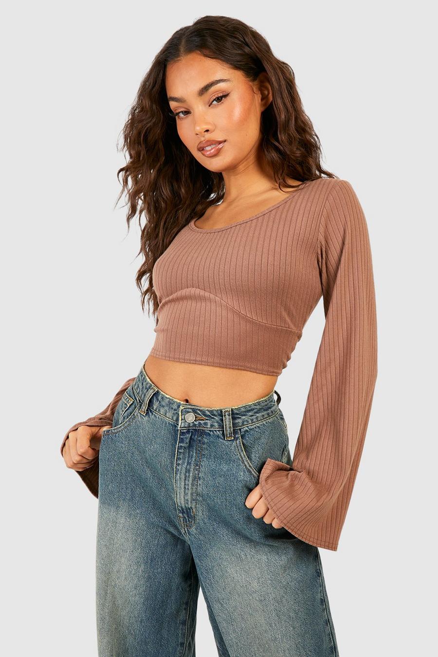 Camel Flare Sleeve Rib Knit Crop Top image number 1