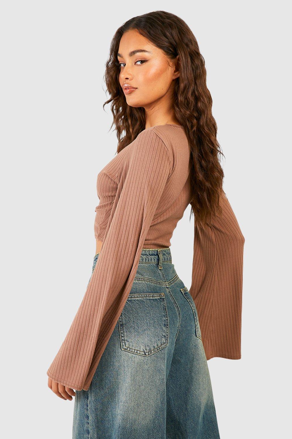 Flare Sleeve Rib Knit Crop Top