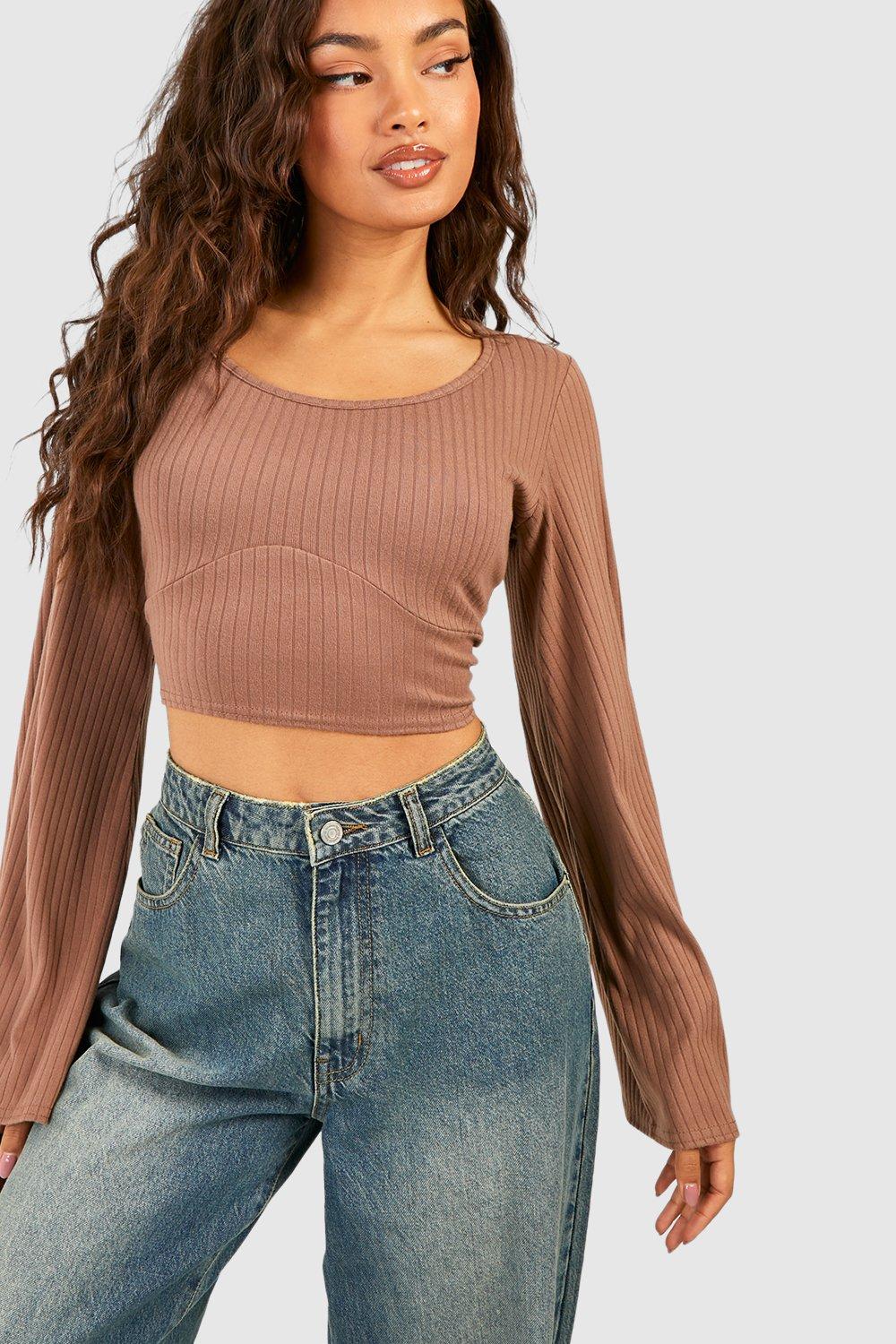 Flare Sleeve Rib Knit Crop Top