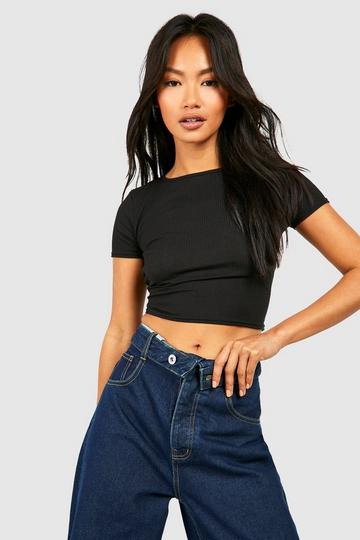 Black Short Sleeve Rib Knit Crop Top