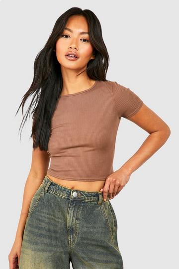 Camel Beige Crop top côtelé à manches courtes