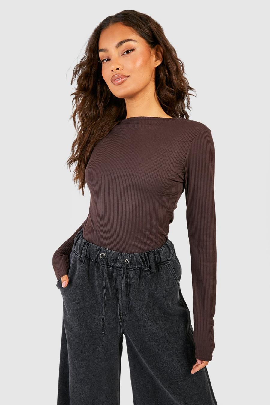 Chocolate Boat Neck Long Sleeve Top image number 1