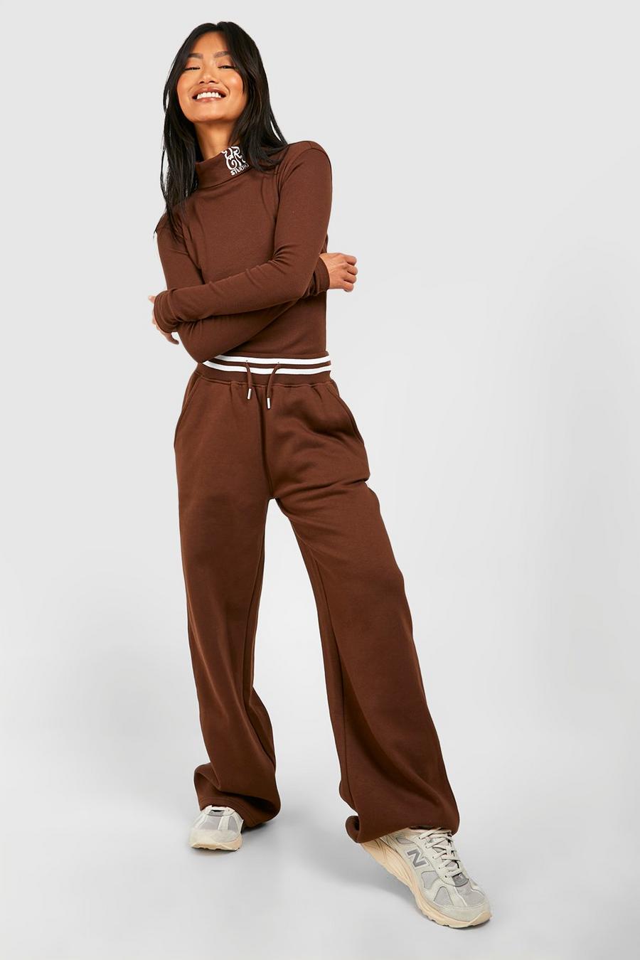 Pantaloni tuta dritti extra comodi con fascia in vita a contrasto, Chocolate image number 1