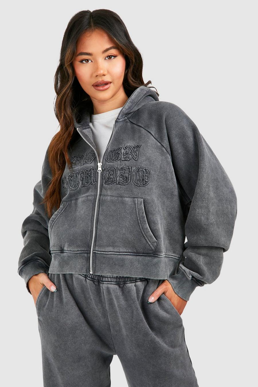 Charcoal Dsgn Studio Self Fabric Applique Washed Zip Through Hoodie  image number 1