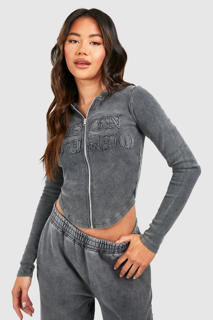 Charcoal Dsgn Studio Self Fabric Applique Washed Ribbed Zip Hoodie