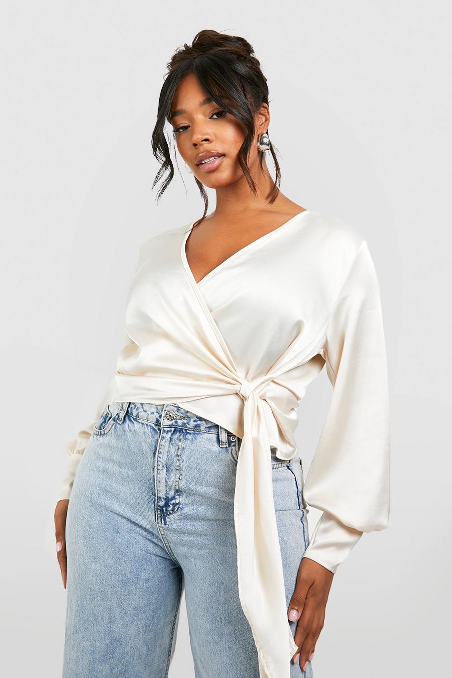 Oyster Plus Wrap Satin Blouse image number 1