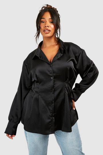 Black Plus Cinched Waist Loose Satin Shirt