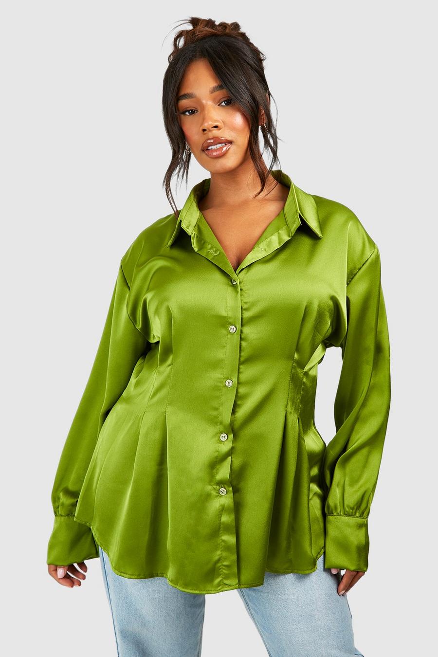 Olive green Plus Cinched Waist Loose Satin Shirt