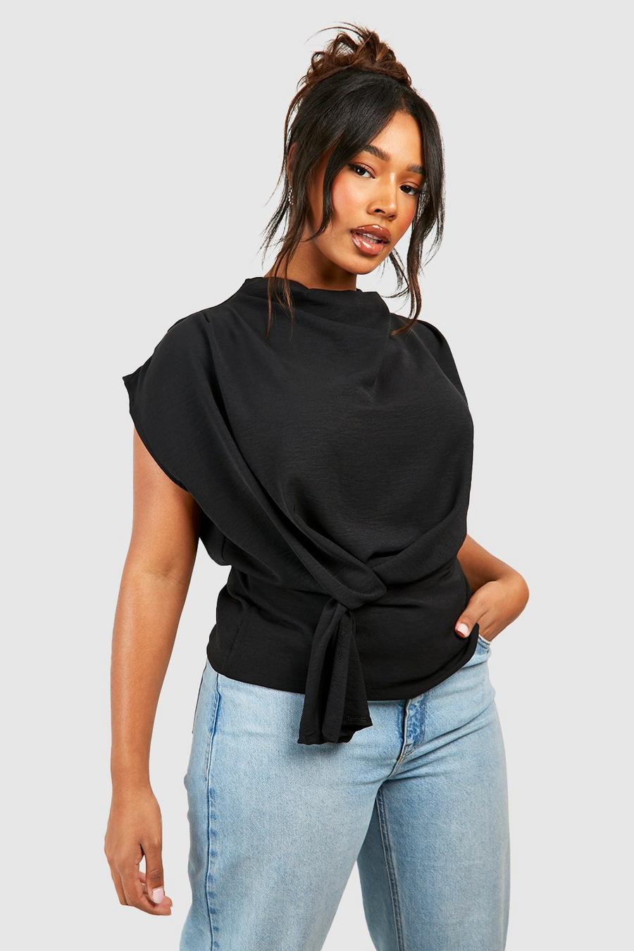 Blusa Plus Size con scollo a cappuccio e nodo, Black image number 1