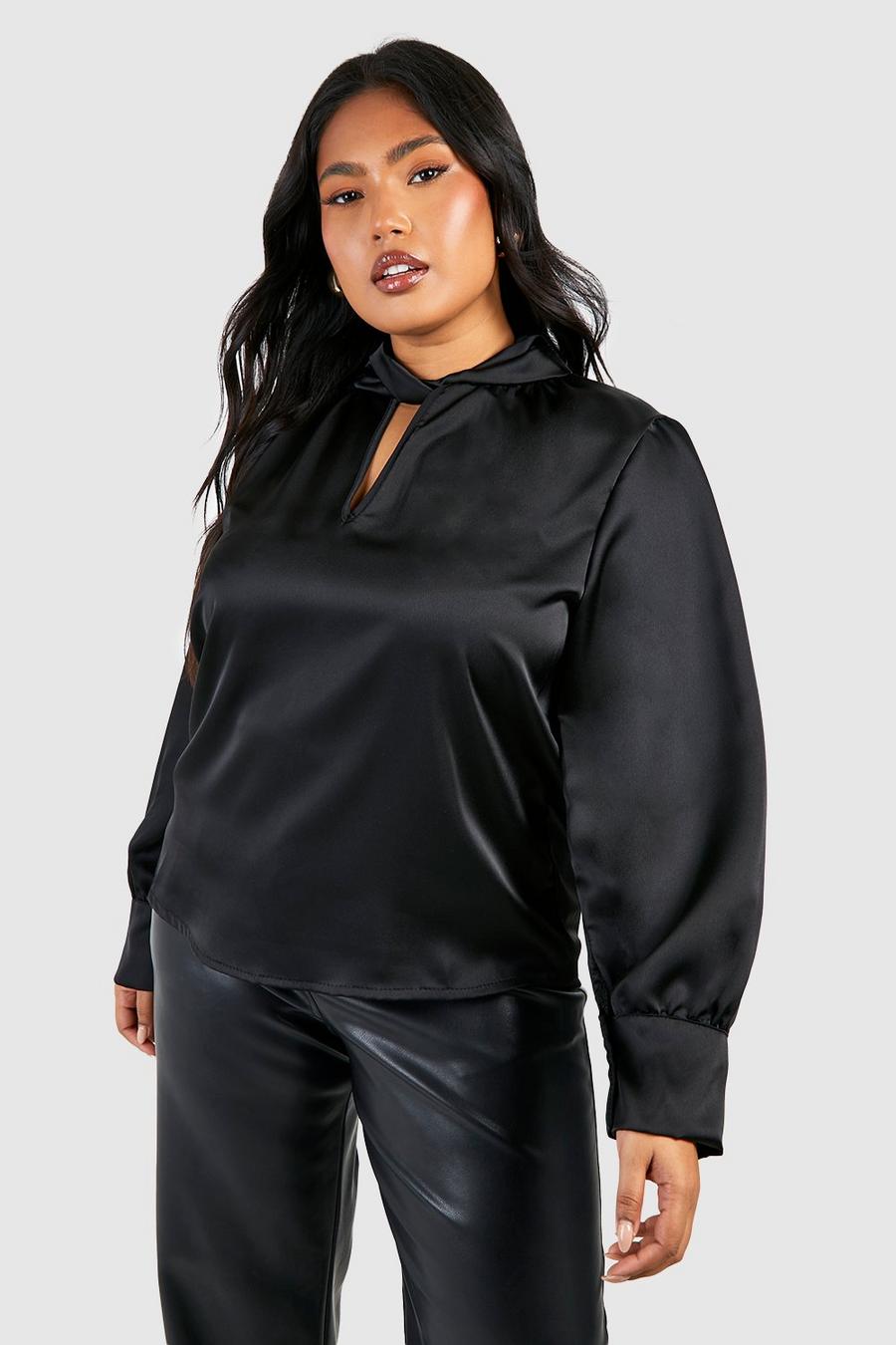 Blusa Plus Size in raso con dettagli attorcigliati, Black image number 1