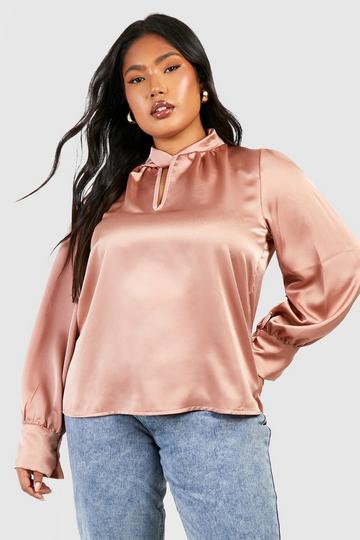 Plus Satin Twist Neck Blouse camel