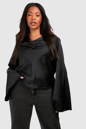 Plus Satin Cowl Neck Flare Sleeve Blouse black