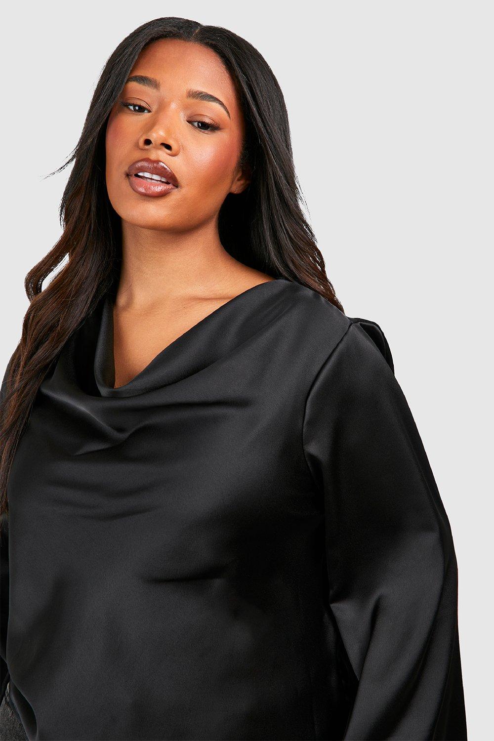 Plus Satin Cowl Neck Flare Sleeve Blouse