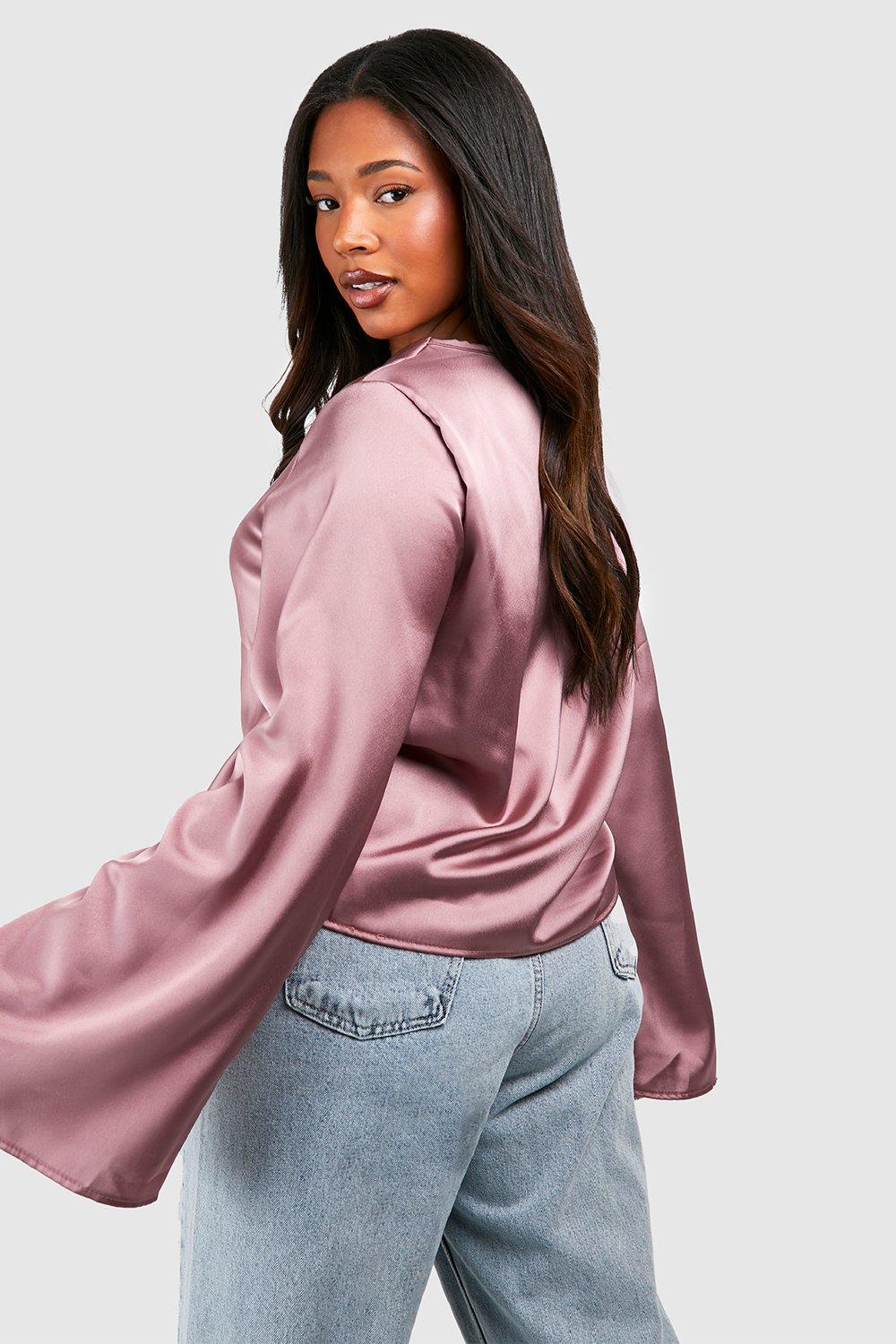 Pink satin long sleeve hot sale blouse