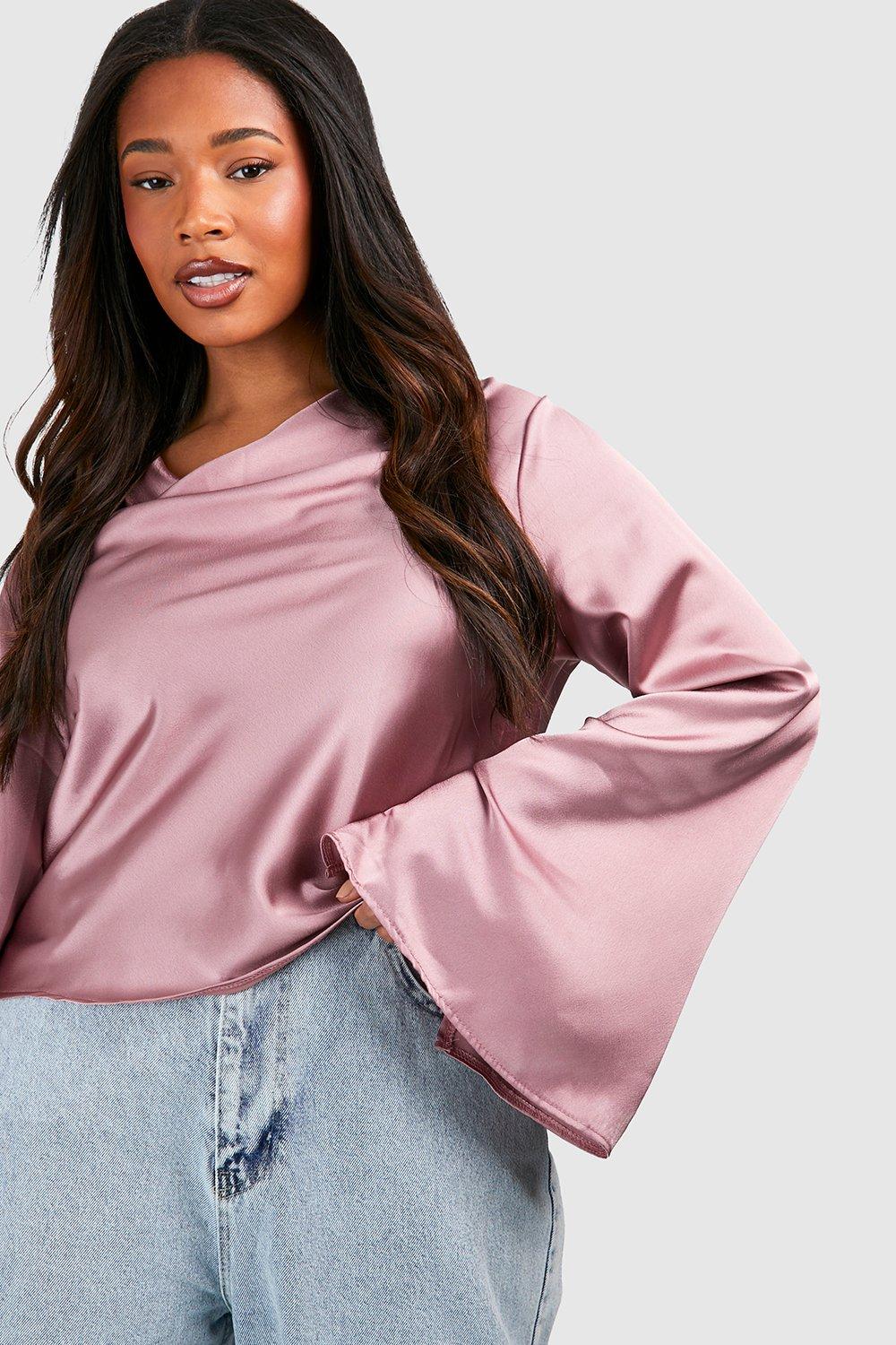 Plus Satin Cowl Neck Flare Sleeve Blouse