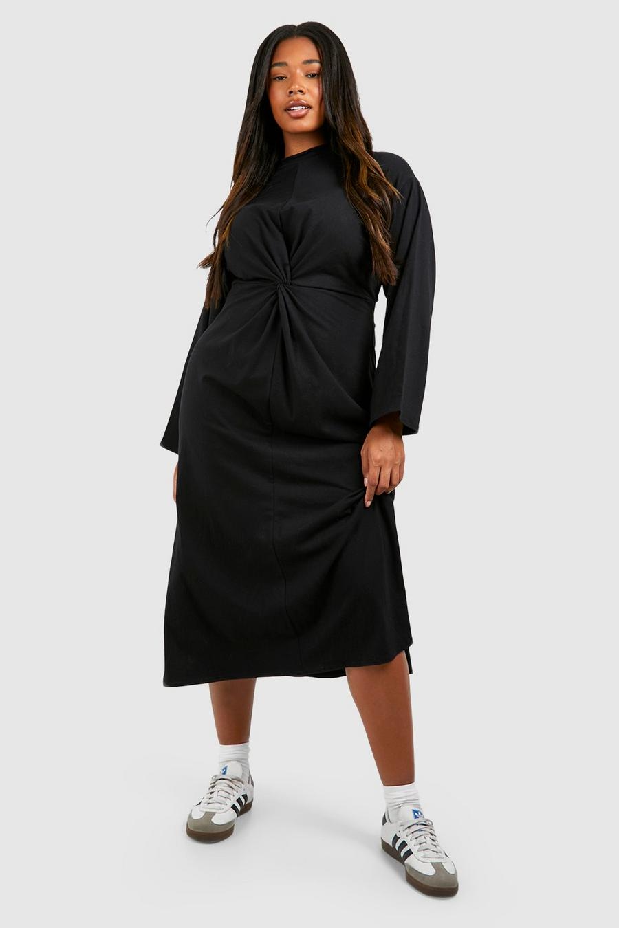 Black Plus Cotton Long Sleeve Twist Front Midaxi Dress image number 1