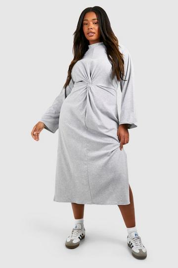 Grey Plus Cotton Long Sleeve Twist Front Midi Dress