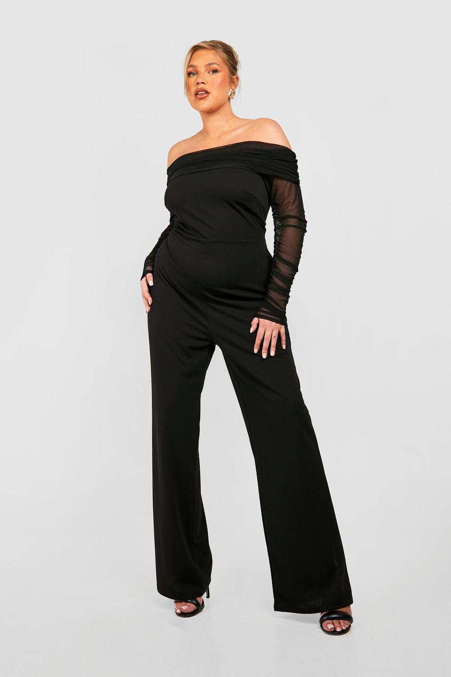 Black Plus Jumpsuit i mesh med off shoulder-topp och vida ben image number 1