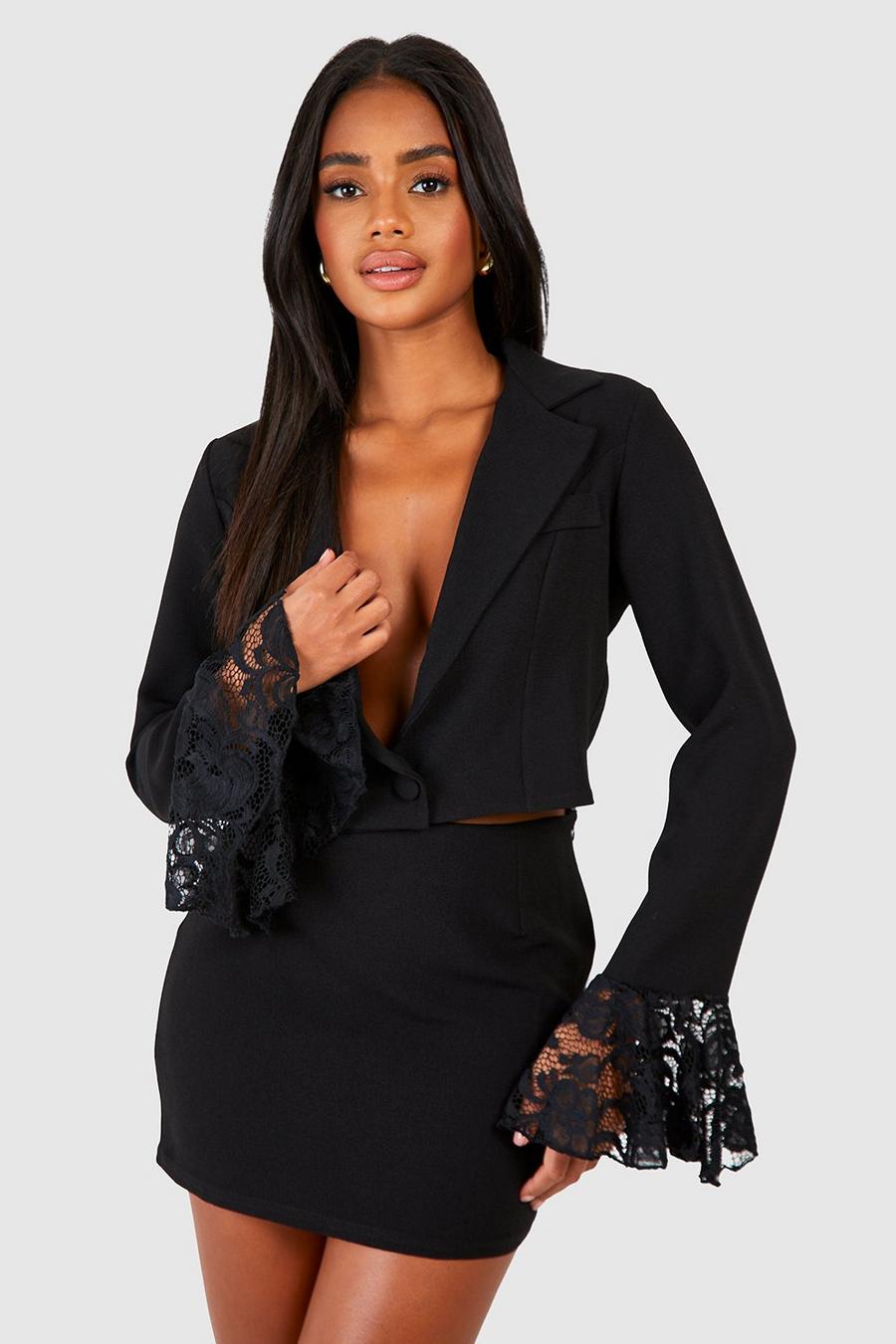 Black Flared Lace Sleeve Cropped Blazer & Micro Mini Skirt image number 1