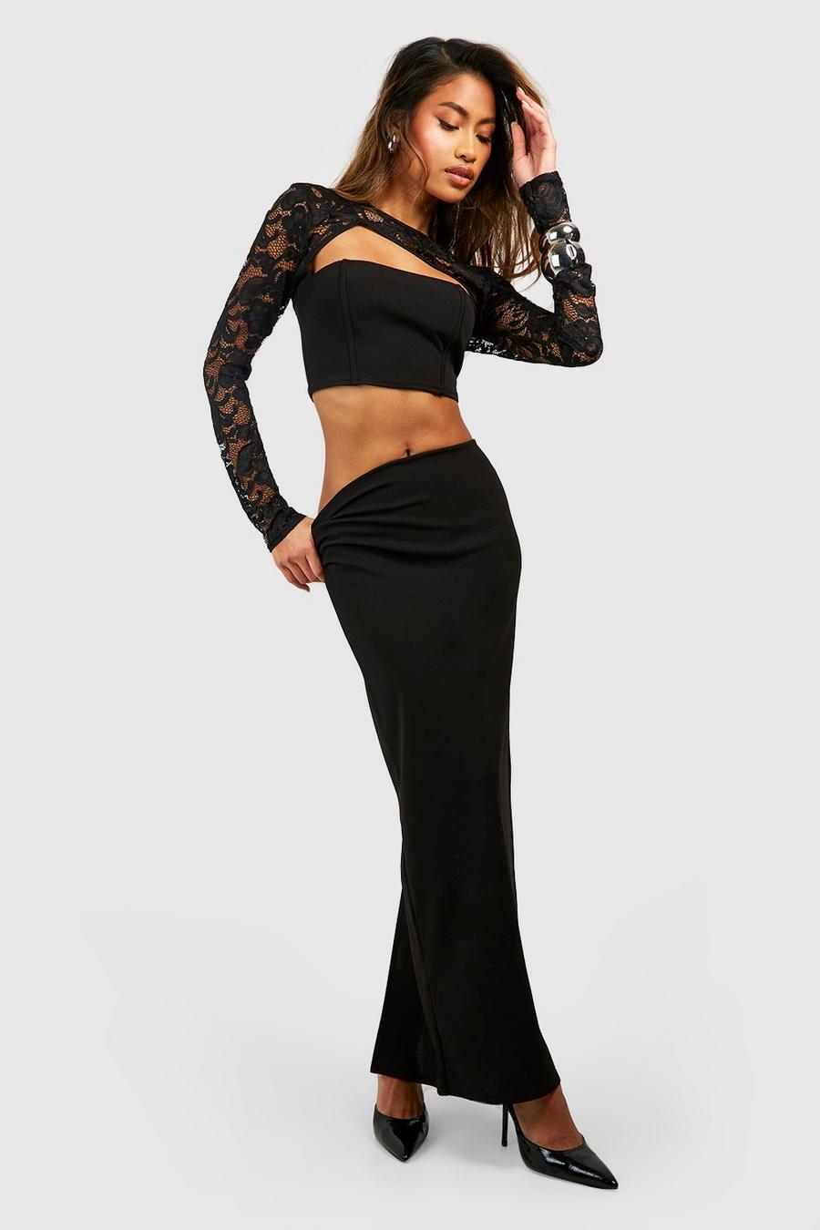 Black Crepe Lace Sleeve Top & Column Maxi Skirt