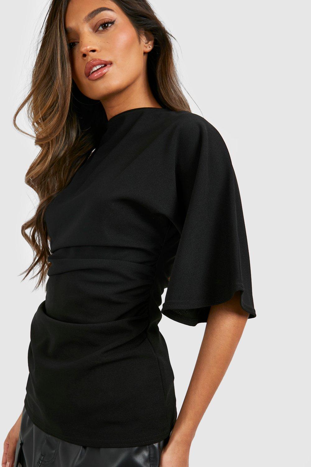 Jersey Crepe High Neck Flared Sleeve Blouse