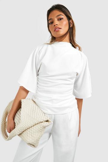 Jersey Knit Crepe High Neck Flared Sleeve Blouse ivory