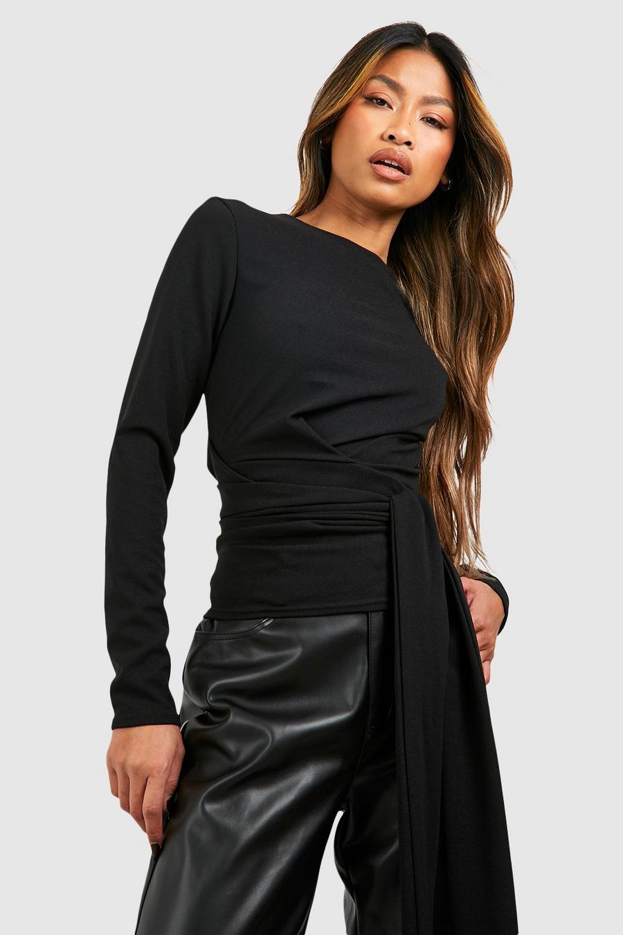 Jersey-Bluse aus Crepestoff mit geschnürter Taille, Black