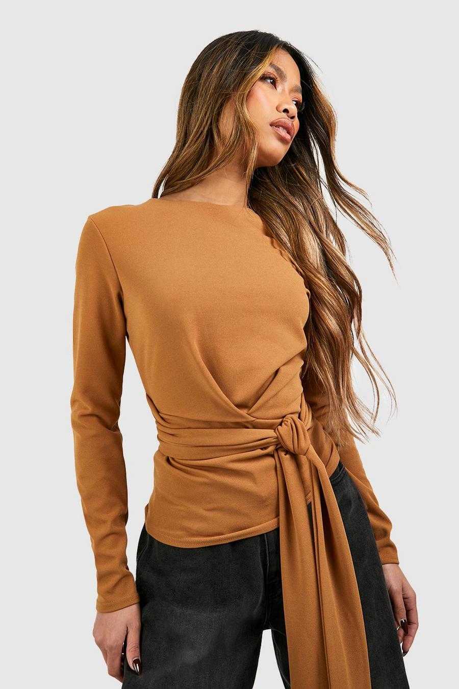 Camel Jersey Crepe Tie Waist Blouse image number 1