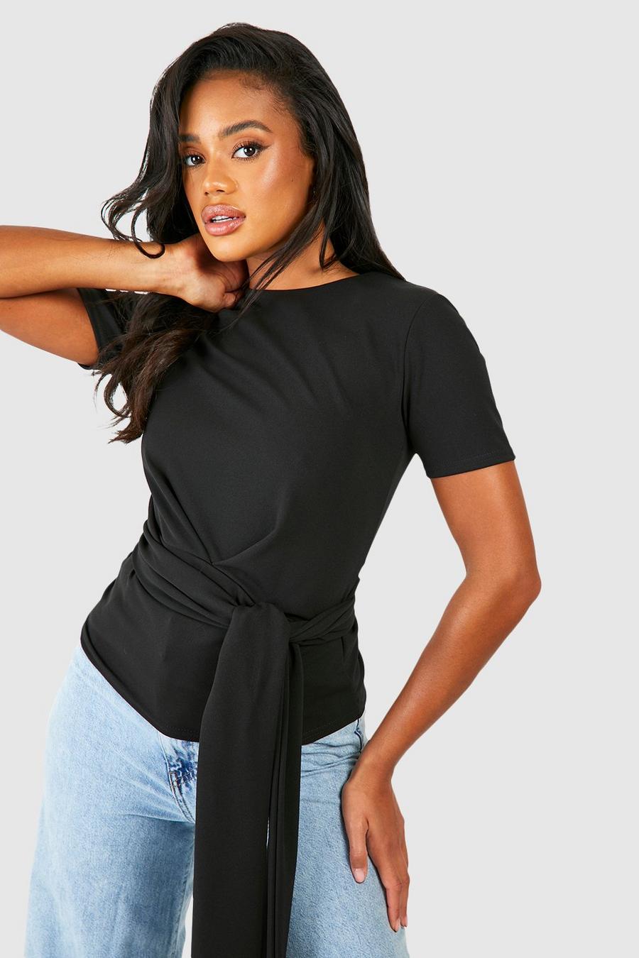 Jersey-Bluse aus Crepestoff mit geschnürter Taille, Black image number 1