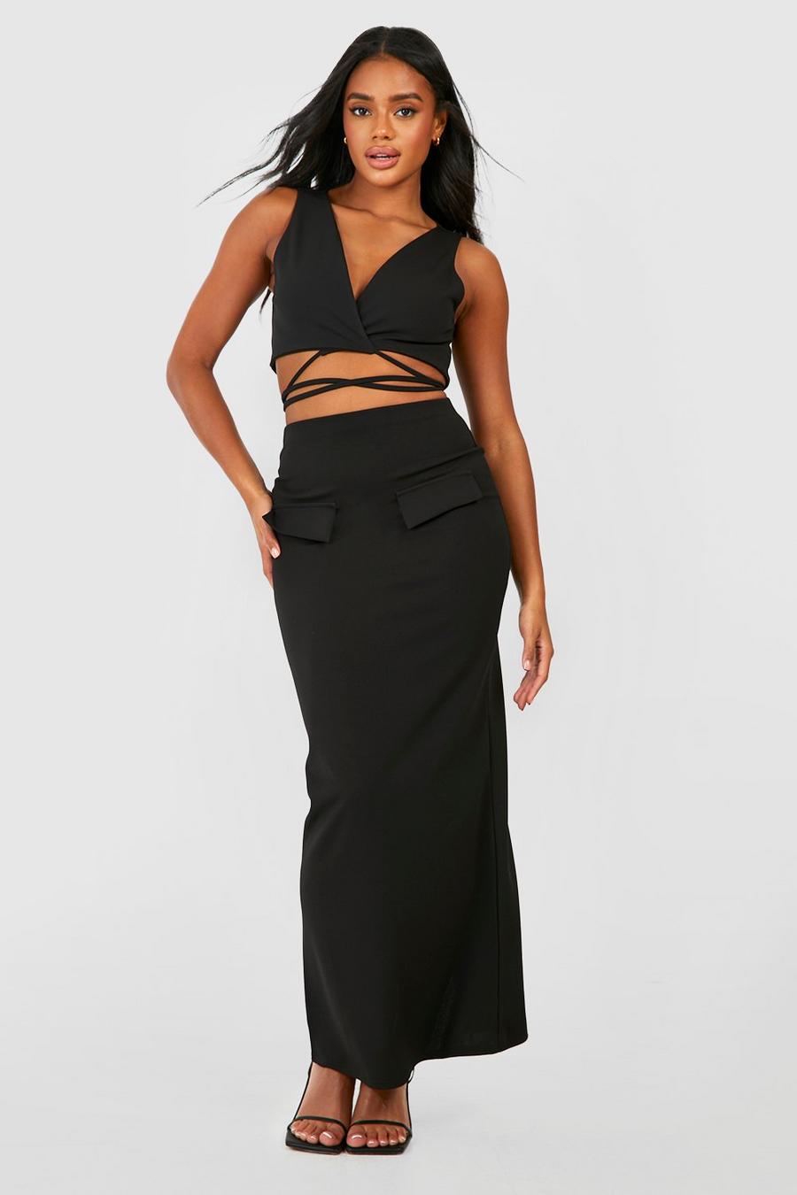 Black Tie Waist Plunge Front Bralette & Column Maxi Skirt image number 1