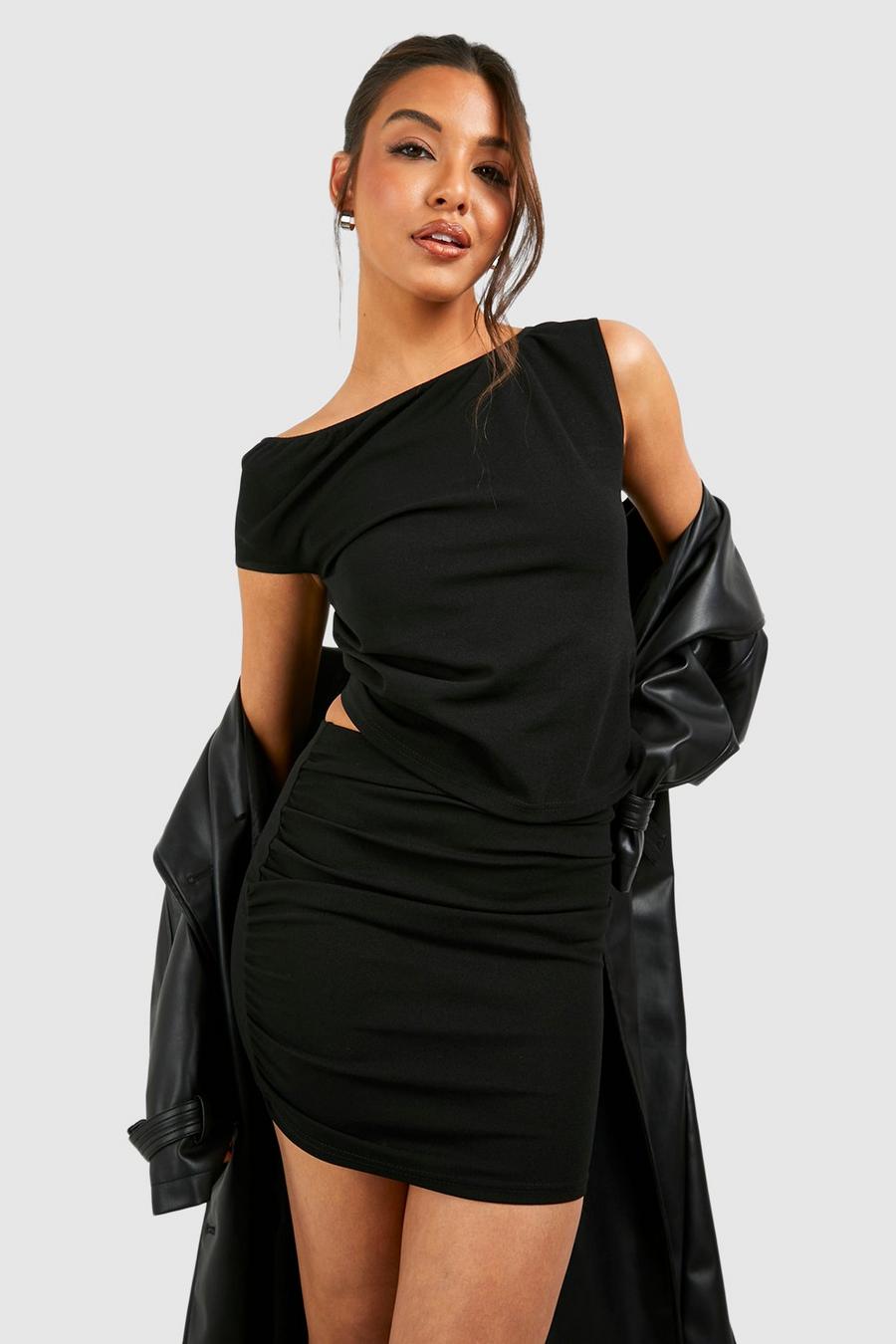 Black Drape Asymmetric Top & Pelmet Mini Skirt image number 1