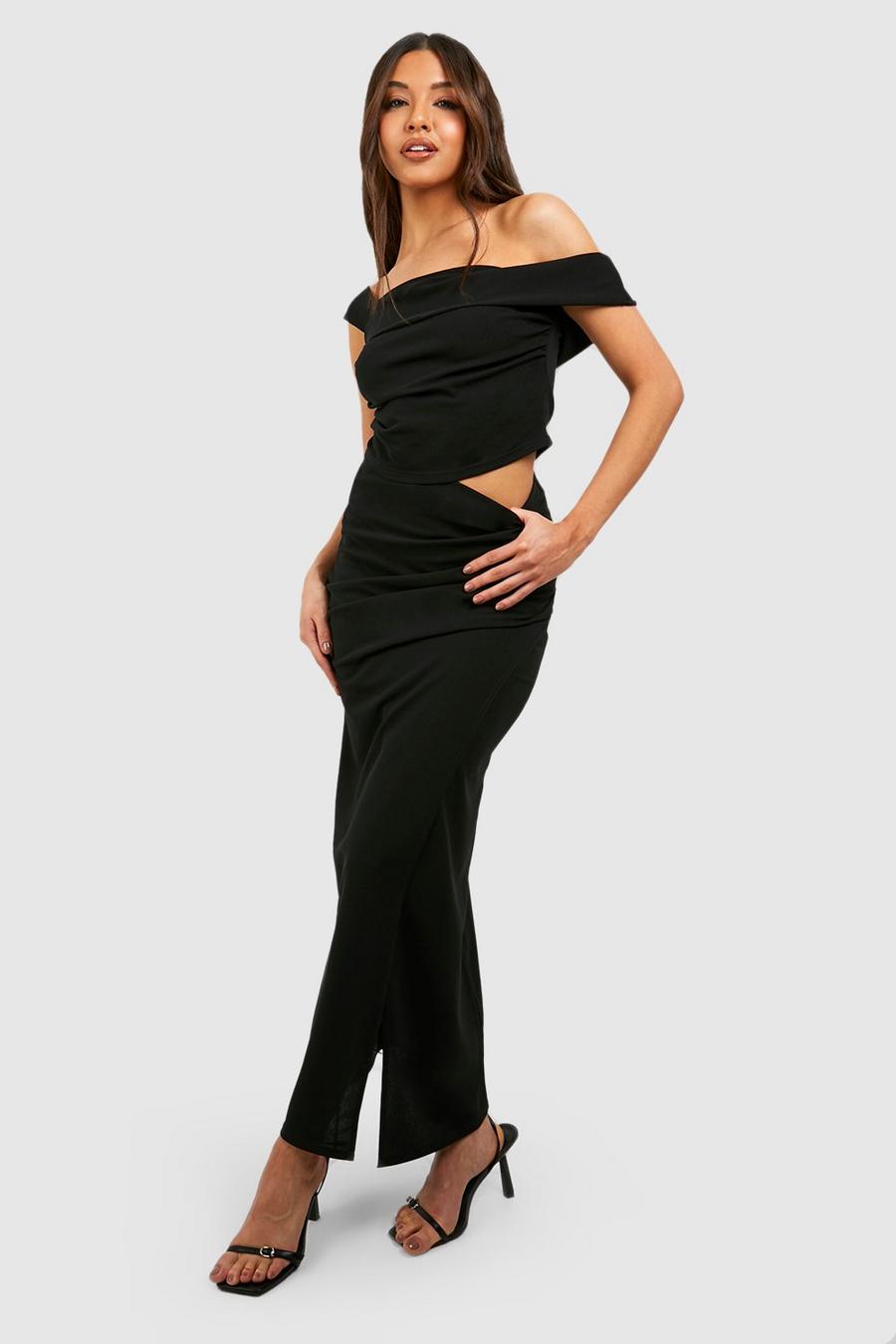 Black Drape Bardot Top & Wrap Thigh Split Maxi Skirt image number 1