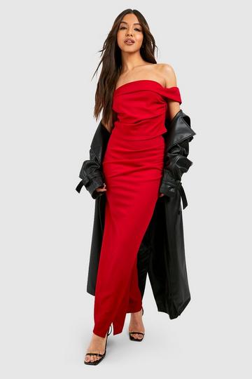 Drape Bardot Top & Wrap Thigh Split Maxi Skirt red