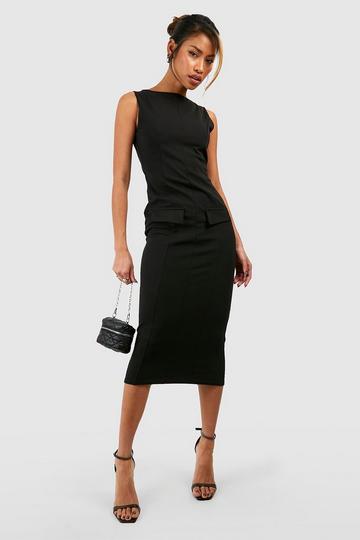 Black Crepe Boat Neck Midi Dress