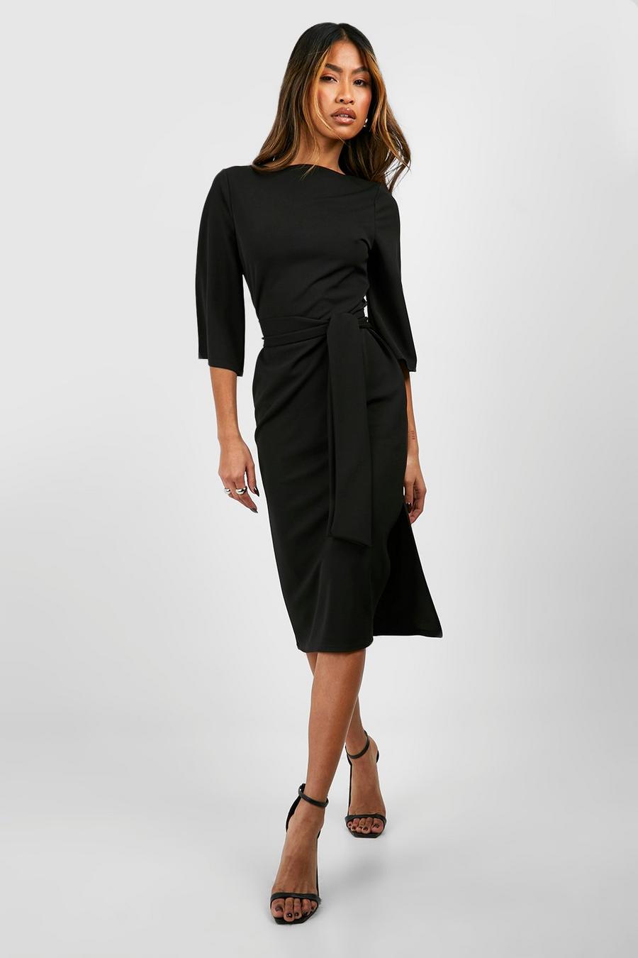 Black Belted Half Sleeve Side Split Midi Dress image number 1