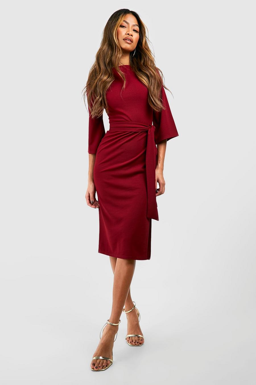 Merlot Belted Half Sleeve Side Split Midi Dress image number 1