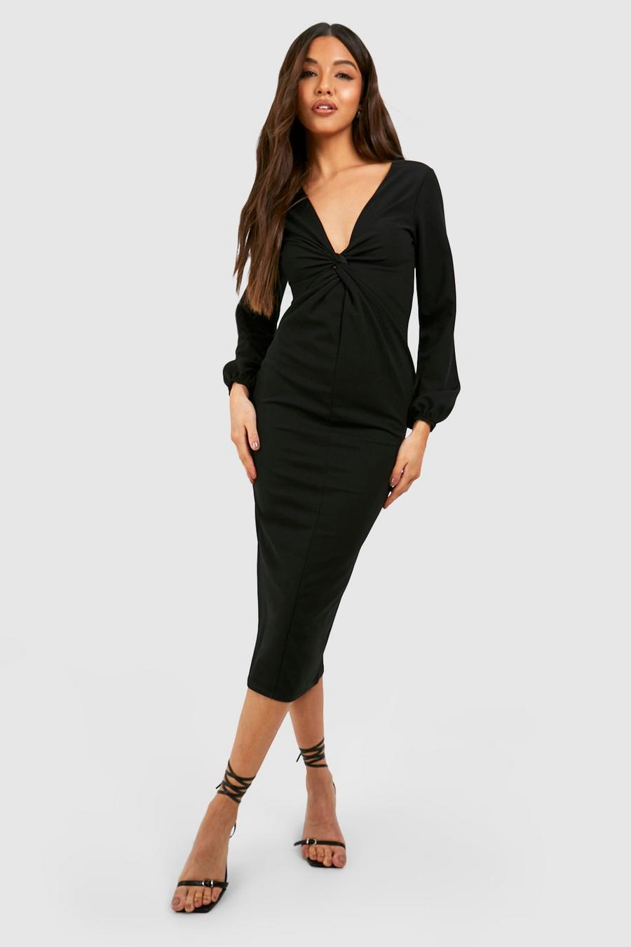 Black Tie Front Puff Sleeve Crepe Midi Dress