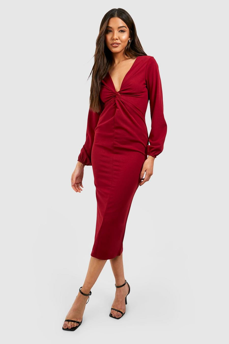 Merlot rouge Knot Front Volume Sleeve Crepe Midi Dress 
