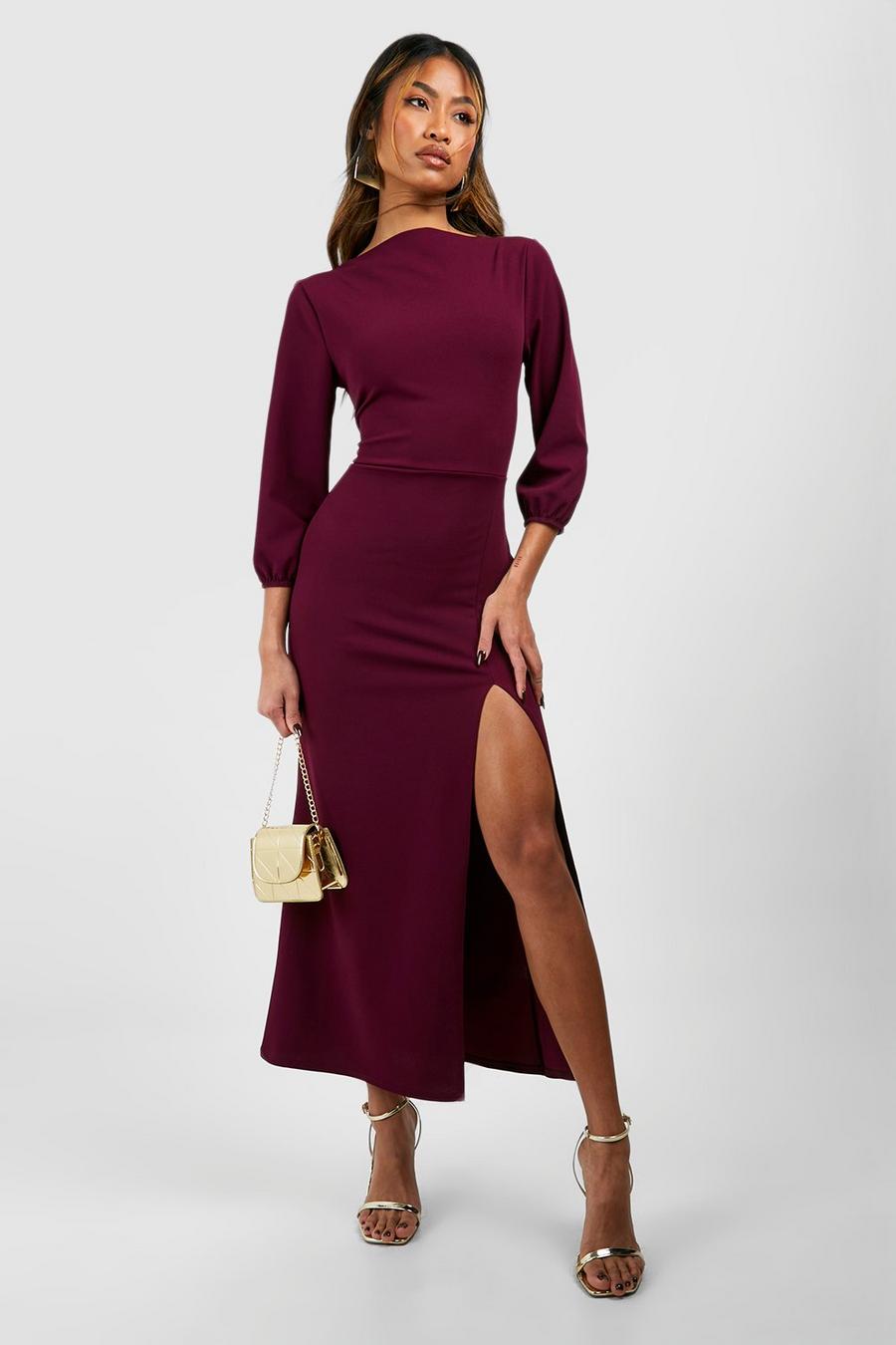 Plum violet Slash Neck Volume Sleeve Crepe Midaxi Dress