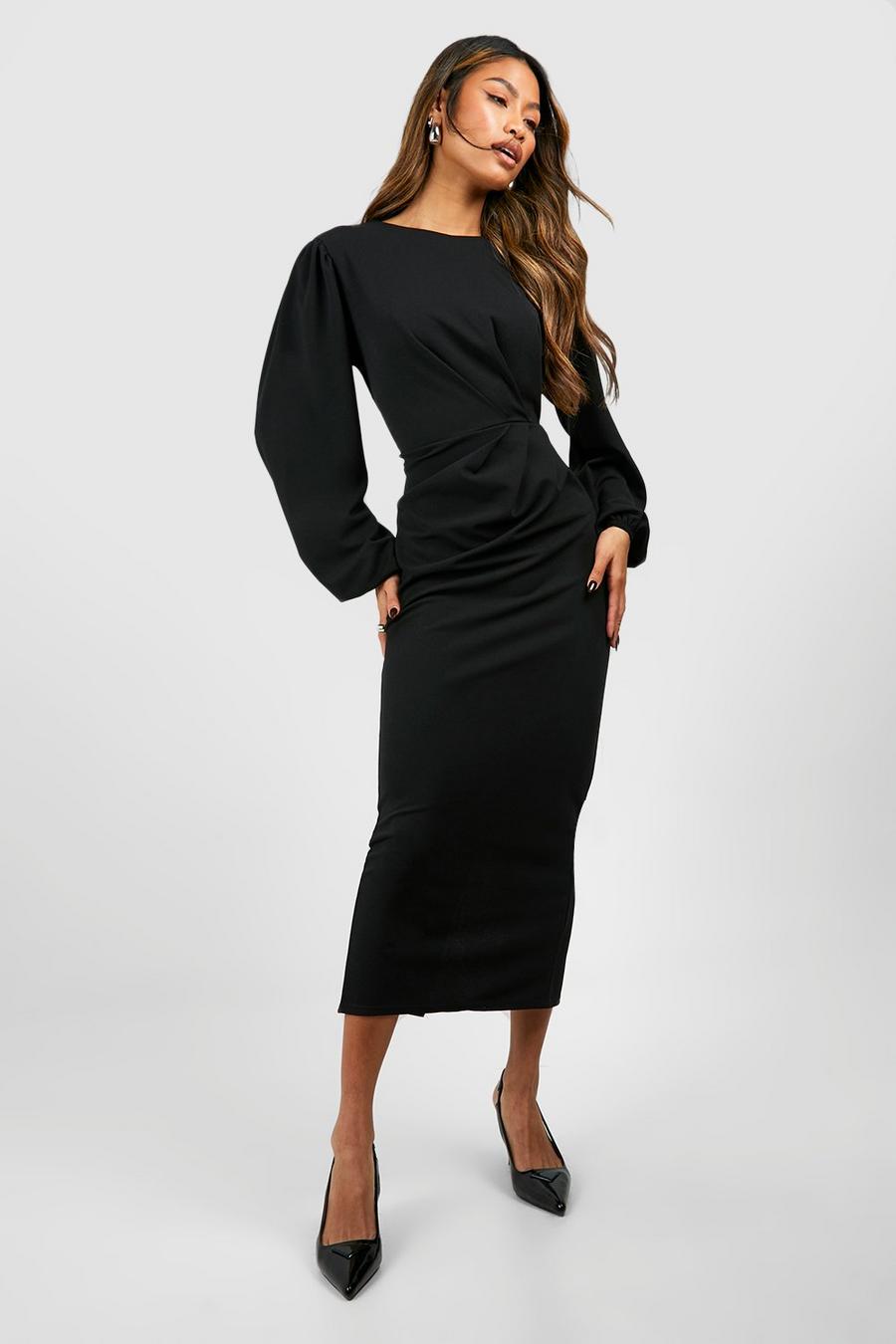 Black Drape Side Puff Sleeve Crepe Midi Dress image number 1