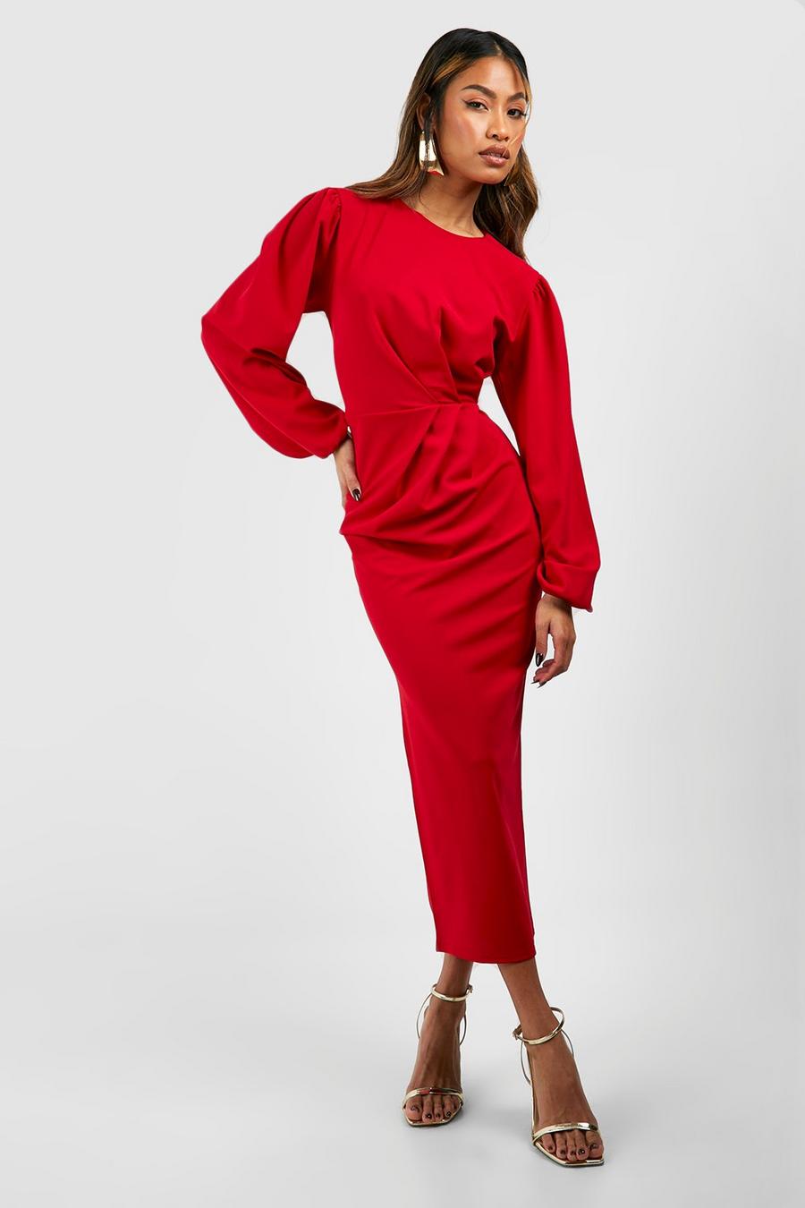 Red Drape Side Puff Sleeve Crepe Midi Dress image number 1
