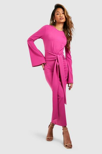 Magenta Pink Tie Front Flared Sleeve Crepe Midi Dress