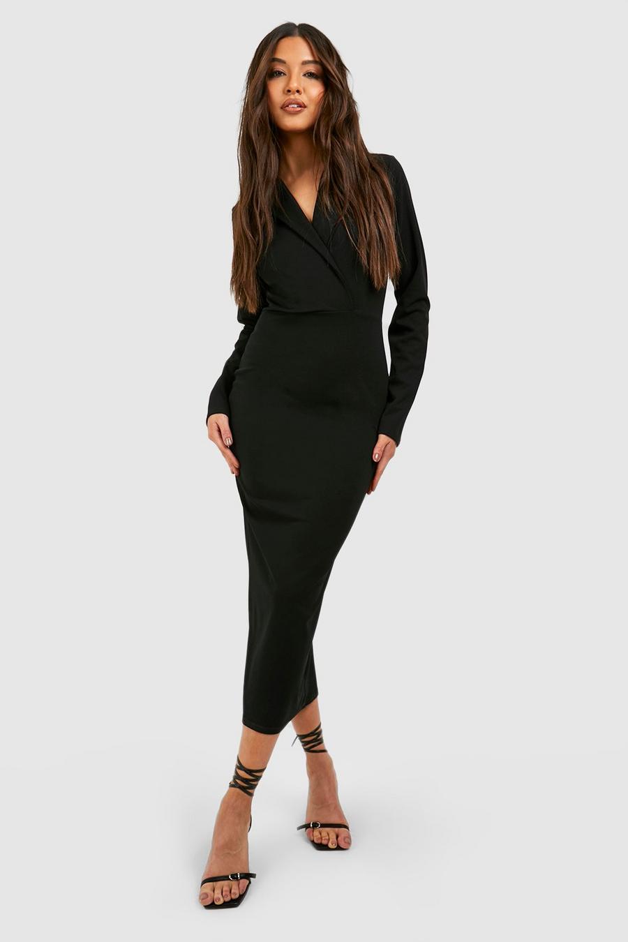 Black Crepe Long Sleeved Wrap Tailored Midi Dress image number 1