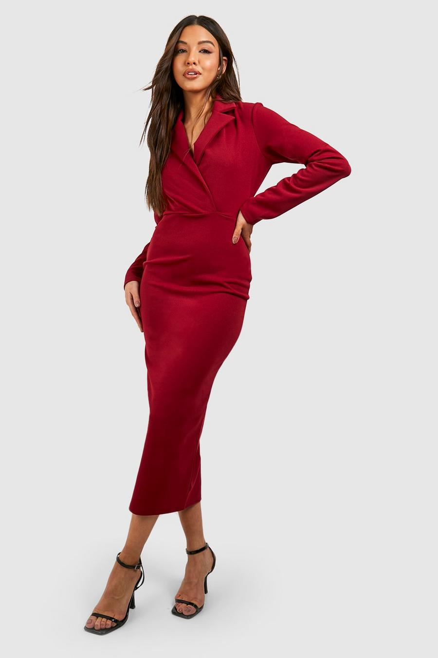 Merlot rojo Crepe Long Sleeved Wrap Tailored Midi Dress