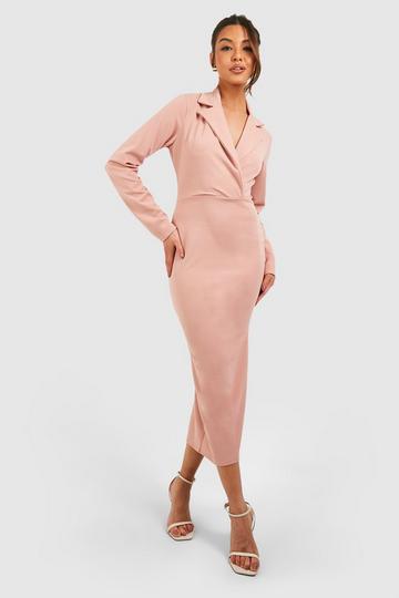 Rose Pink Crepe Long Sleeved Wrap Tailored Midi Dress