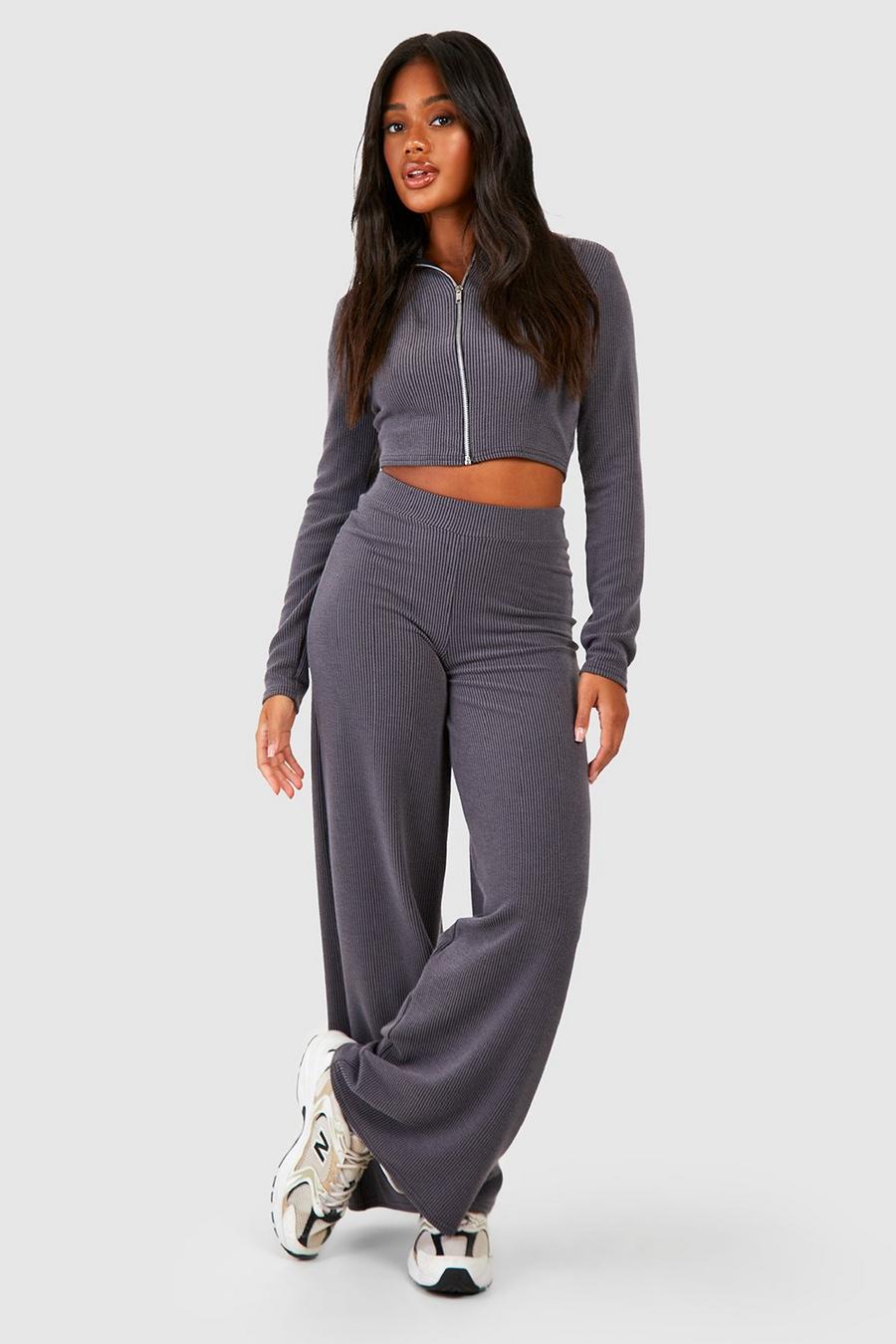 Charcoal 2 Tone Rib Zip Front Top & Wide Leg Pants image number 1