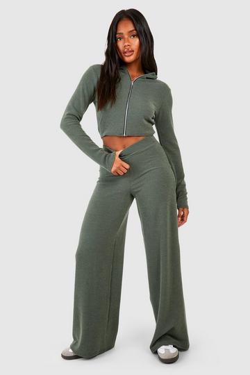 Khaki 2 Tone Rib Zip Front Top & Wide Leg Trousers